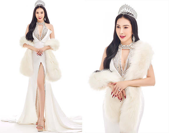 Hoa hậu Trịnh Thanh Hồng lộng lẫy trong sắc trắng lông vũ